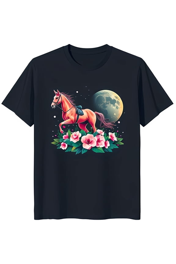 Colorful Horse Running Through Flower Field T-Shirt with Full Moon Dark Tee
