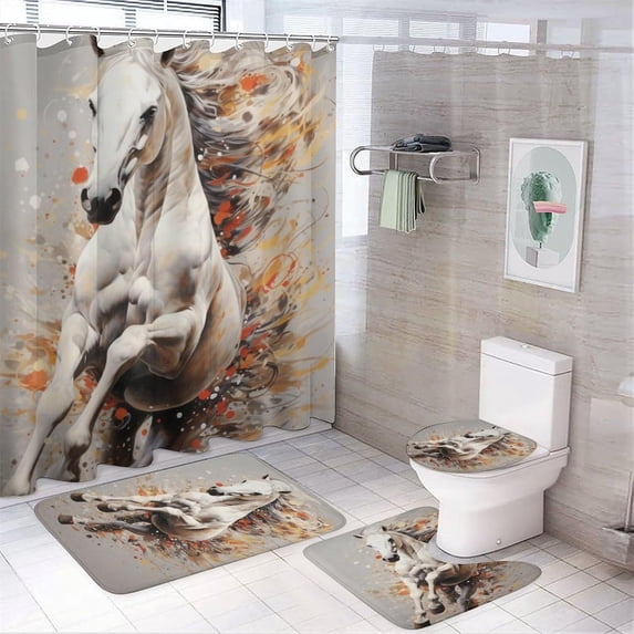 Colorful Horse Shower Curtain Sets with Rugs Toilet Lid Cover and Bath Mat White Abstract Running Animal Shower Curtains with 12 Hooks Waterproof 4 Piece Bathroom Decor Set, Style-1