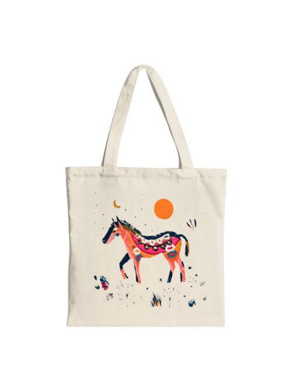 Colorful Horse Tote Bag - Vibrant Patterns with Sun & Moon Design Perfect for Shopping Travel & Parties Durable Canvas Fabric