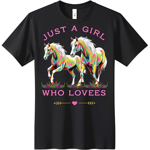 Colorful Horses & Flowers Black T-Shirt 'Just a Girl Who Loves' Design