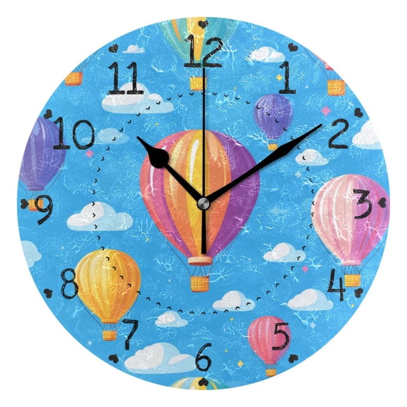 Colorful Hot Air Balloon Clouds Cute Round Wall Clock Silent Analog Battery Operated Black Pointer Home Decor 9.84" Diameter