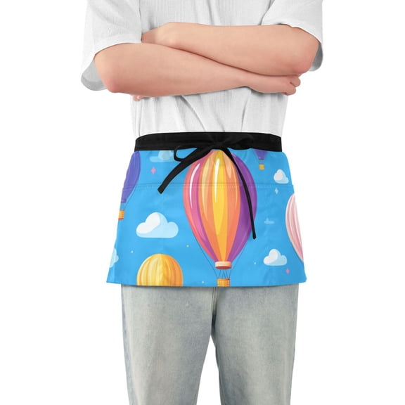 Colorful Hot Air Balloon Clouds Cute Short Server Apron with 3 Pockets for Unisex Chef Gardening