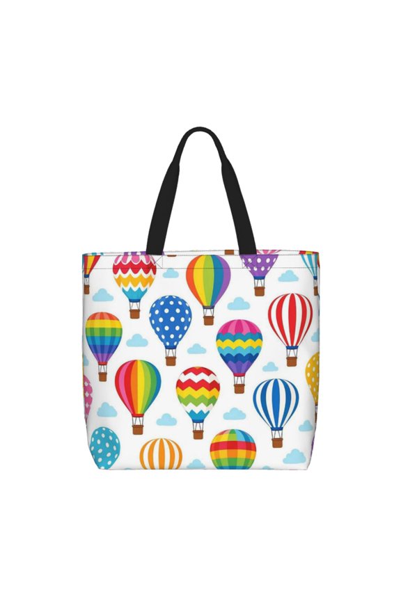 Colorful Hot Air Balloon Pattern Tote Bag Reusable Shoulder Handbag Top Handle Purse for Shopping Work