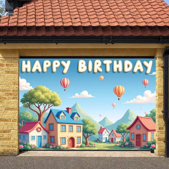 Colorful Hot Air Balloons Banner Pastoral Landscape Birthday Display Cartoon Houses Blue Sky White Clouds Party Backdrop for Birthday Party Kids Gathering Outdoor Celebration