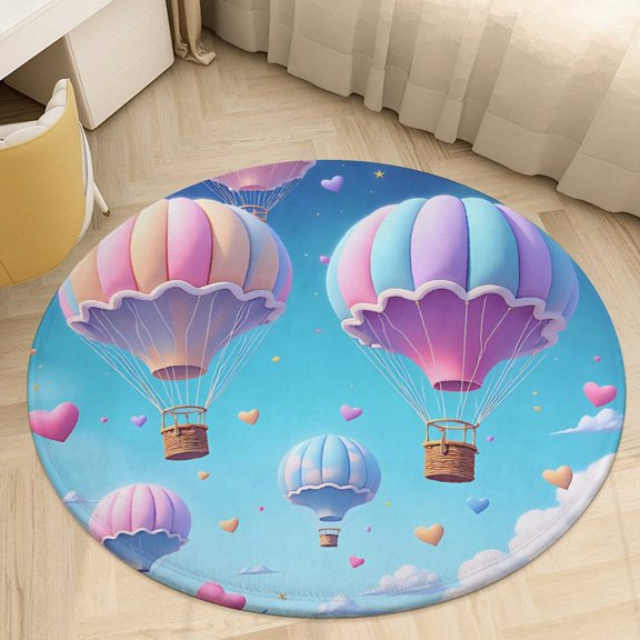 Colorful Hot Air Balloons Bright Blue Sky Clouds Round Area Rugs for Bedroom Living Room, 4FT Soft Comfy Indoor Circle Carpets, Floor Mat