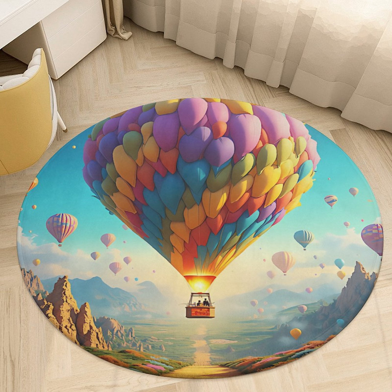 Air Upnfaze Rug Colorful Hot Air Balloons Bright Blue Sky Clouds Round Area Rugs for ...