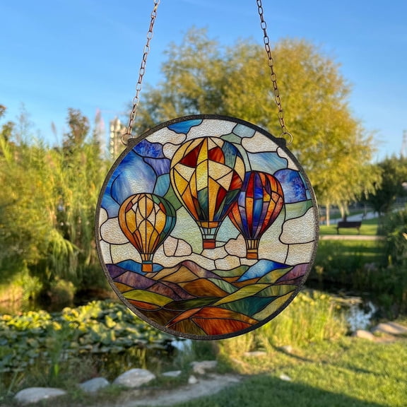 Colorful Hot Air Balloons Glass Suncatcher, Seascape Decor Landscape Home, 6.3 in