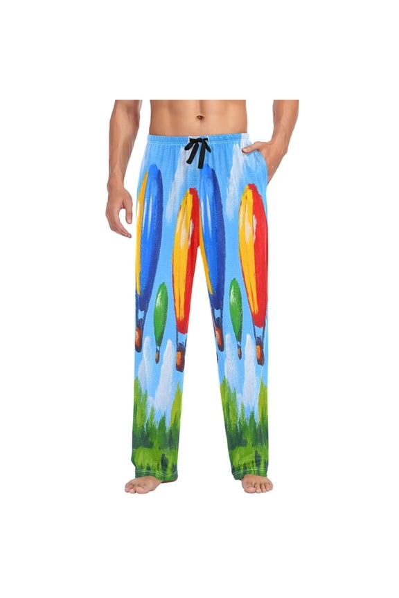 Colorful Hot Air Balloons Mens Cotton Pajama Pants Long Staple Lightweight Sleep Bottoms with Pockets Breathable
