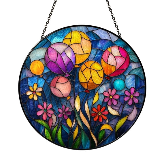 Colorful Hot Air Balloons Stained Glass Style Suncatcher Window Hanging, Sky Over Clouds Sun Catcher Ornament, Whimsical Balloon Window Art Decor, Decorative Scenic Window Hanging Gift