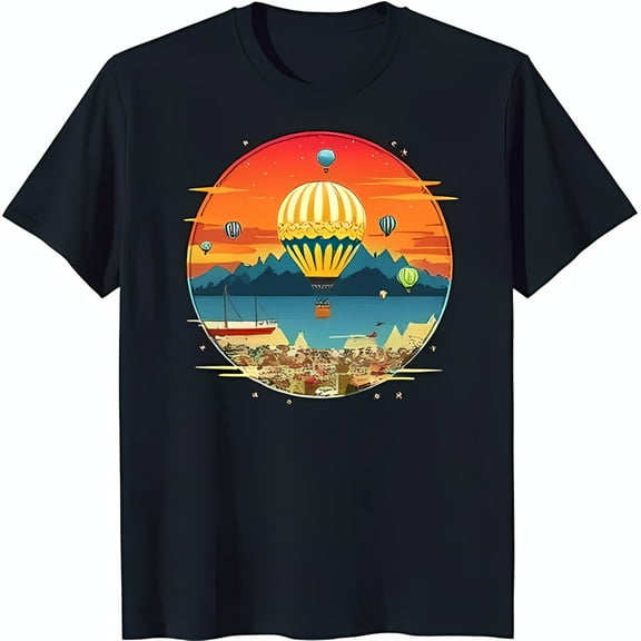 Colorful Hot Air T-Shirt Sunset Landscape Design on Dark Blue Tee