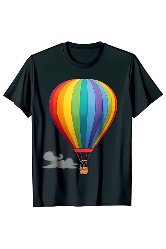Colorful Hot Air T-Shirt with Whimsical Cloud Design on Black Background