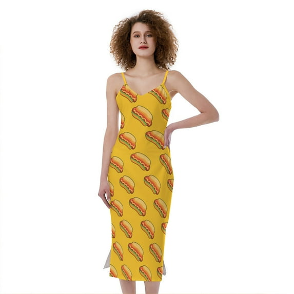 Colorful Hot Dog Pattern Print Slim Fit Midi Cami Dress, Dog Pet Lover Fashion Summer Maxi Sexy Casual Dress For Women