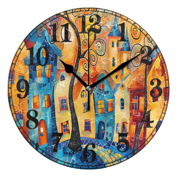 Colorful Houses Art Trees Silent Wall Clock 10" Non-Ticking Battery Clock