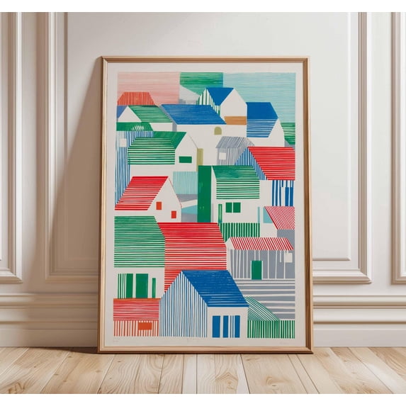 Colorful Houses Poster, Modern Abstract, Geometric Village With Bold ...