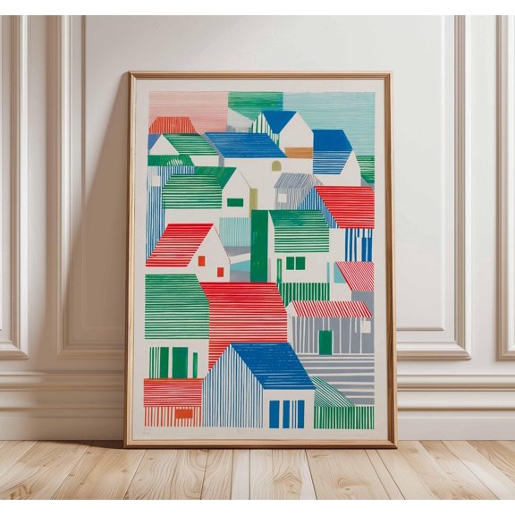 Colorful Houses Poster Modern Abstract Wall Art Print Geometric Village Artwork with Bold