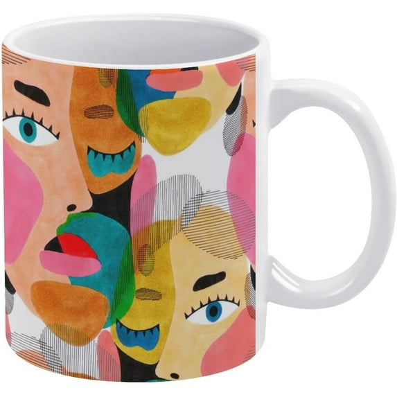 Colorful Human Male Female Portrait Texture Modern Abstract Style White Ceramic Cup, 11 Oz Tea Mug, Coffee Mug, Milk Mug, Juice Ceramic Cup for Home Offices Cafe Party Mom Father Daughter Son