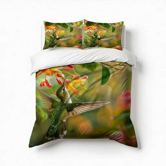 Colorful Hummingbird And Flowers Bedding Set 3 Pcs Soft Microfiber Quilt Cover For Bedroom Decor, Comforter Cover With 2 Pillowcase