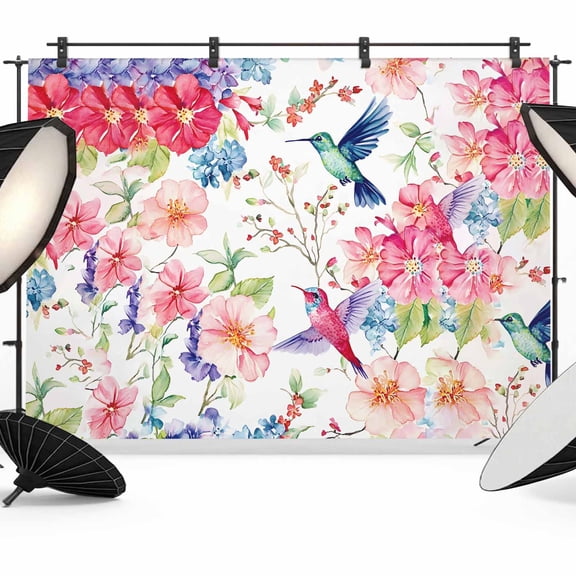 Colorful Hummingbird Backdrop for Photoshoot,Photography Photo Studio Background Wall Backdrop,Spring Pink Flowers Branch Back Drop Banner Panel for Portraits Wedding Party Live Streaming Decor 7x5Ft
