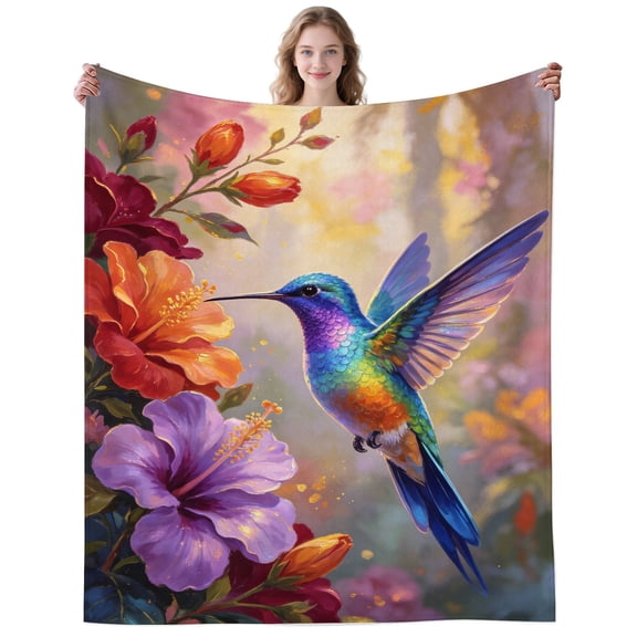 Colorful Hummingbird Blanket Gifts for Women Men Adults Bird Lovers Plush Lightweigh Floral Hummingbirds Throw Blanket for Office Bedding Decor Birthday Gifts 50×40 Inch