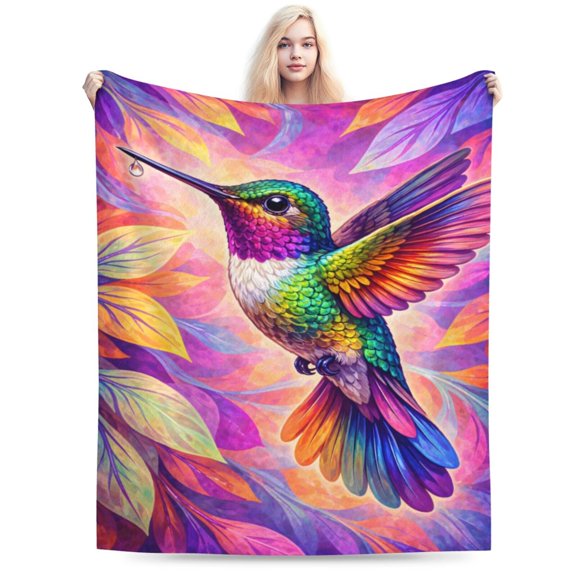 Colorful Hummingbird Blanket, Vibrant Tropical Bird Throw, Rainbow Floral Fleece Blanket for Mother’s Day Spring Home Decor Gift 50x40