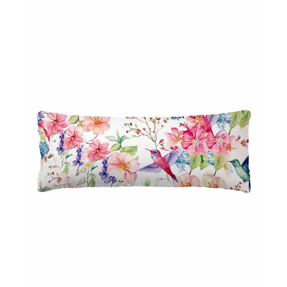 Colorful Hummingbird Body Pillow Cover 20 x 54 Inch Decorative Pillow Cover Spring Pink Flowers Branch Lumbar Pillowcase Seasonal Rectangle Cushion Case for Couch Sofa Bed Living Room