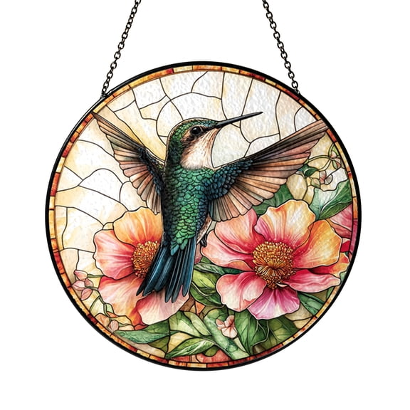 Colorful Hummingbird Faux Stained Glass Acrylic Suncatcher, Nature Window Hanging Decor for Living Room Kitchen Sunroom Garden Home