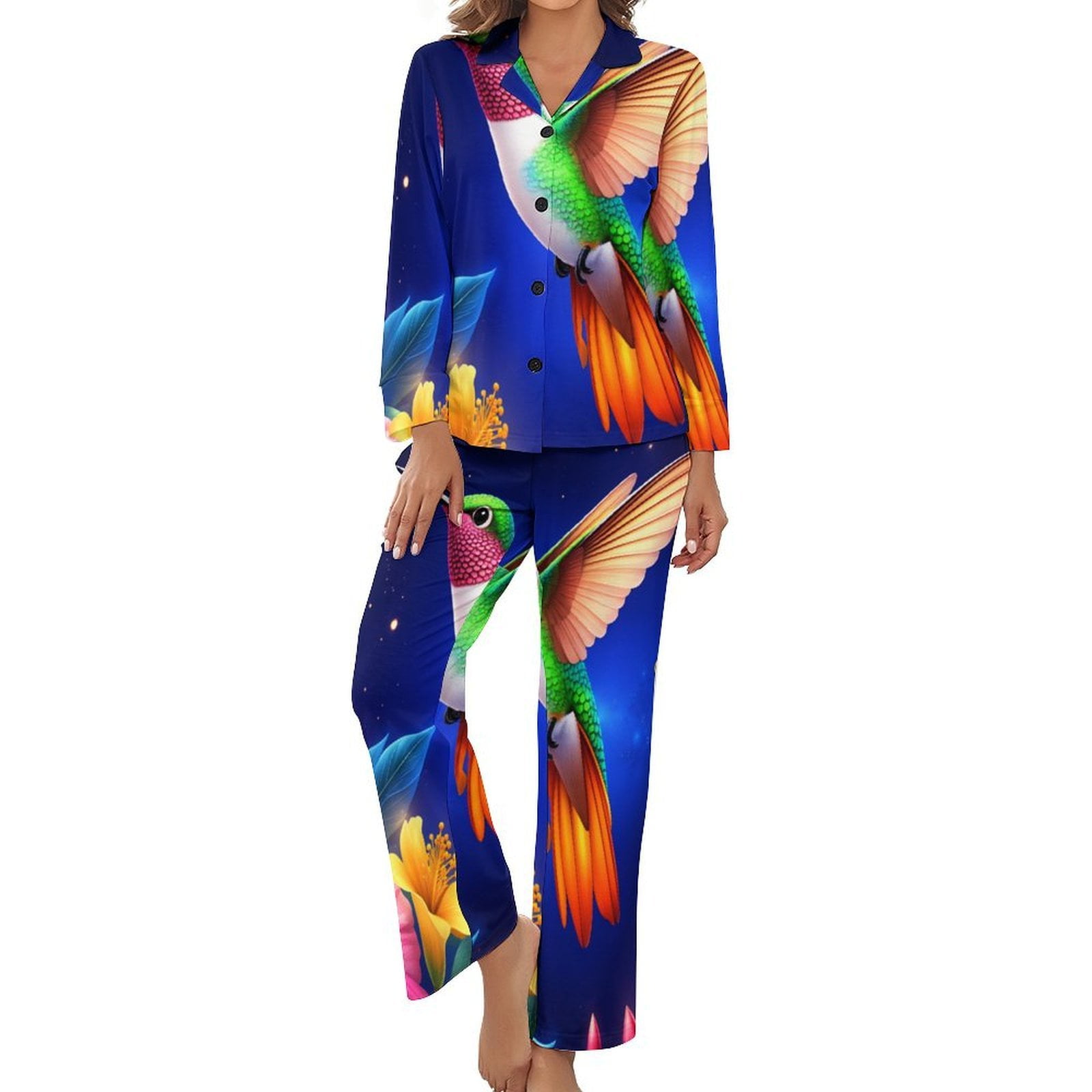 Colorful Hummingbird Floral Fantasy Pajamas Woman Vintage Pajamas Set 2 ...