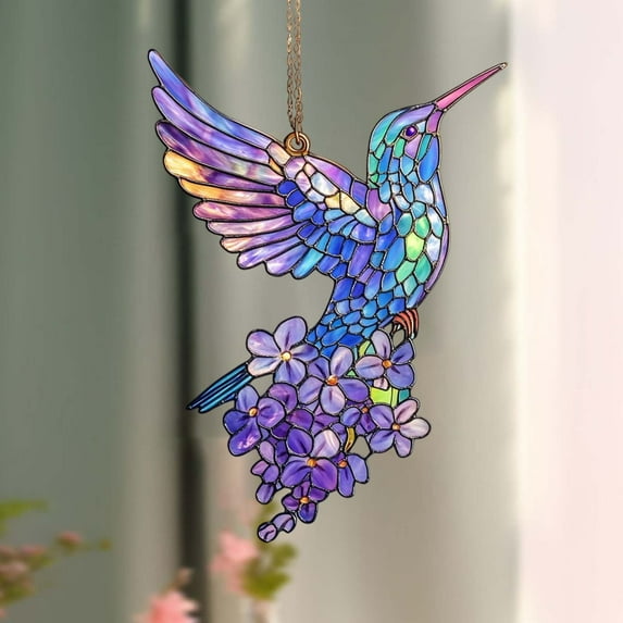 Colorful Hummingbird Flower Sun Catcher Pendant | Decorative Hanging Ornament for Windows Gardens Patios | Intricate Glass Design | 20cm Size | Nature Theme Home Decor Gift