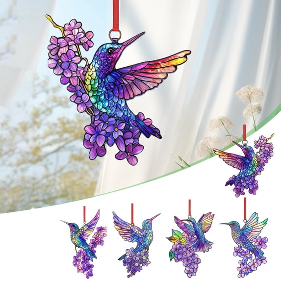 Colorful Hummingbird Flower Sun Catcher Pendant - Vibrant Stained Glass Hanging Decor for Home & Garden Windows, Sunlight Refractor, Perfect Year of The Horse & Home Necessity, 5.9in, A