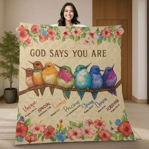Colorful Hummingbird God Says You Are Unique, Special, Loved, Strong, Forgiven Quilt Blanket - Inspirational Bible Verses Blanket - Perfect For Christmas Gift, Religious Faith