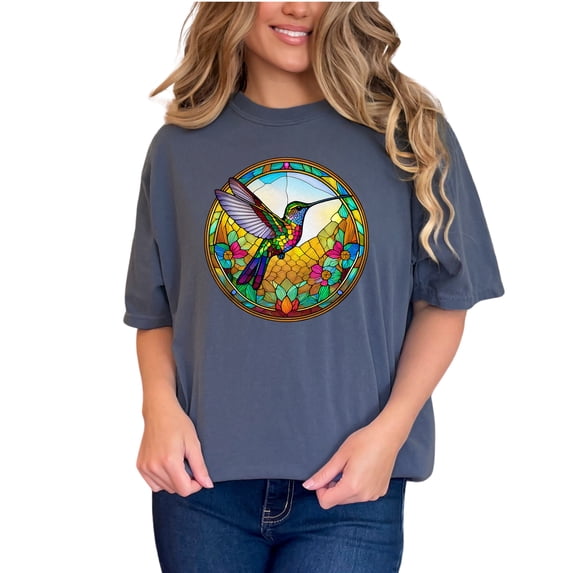 Colorful Hummingbird Stained Glass Art T-Shirt, Vibrant Nature Design Tee, Bird Lovers Shirt, Nature Enthusiast Gift, Unique Art Top, Denim Comfort Colors T-Shirt, Small