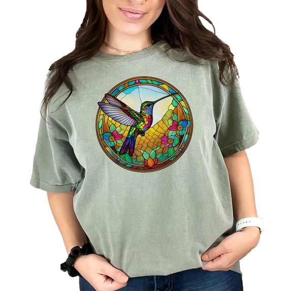 Colorful Hummingbird Stained Glass Art T-Shirt, Vibrant Nature Design Tee, Bird Lovers Shirt, Nature Enthusiast Gift, Unique Art Top, Moss Comfort Colors T-Shirt, Large