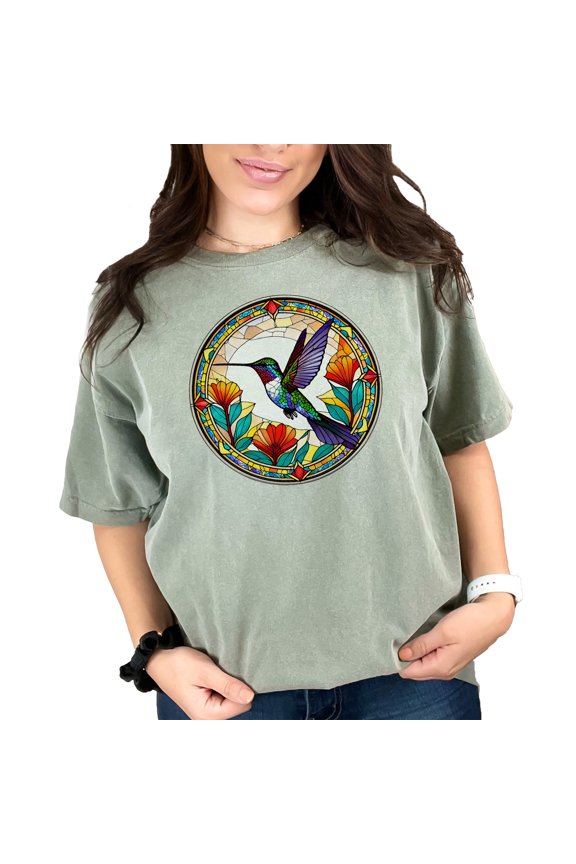 Colorful Hummingbird Stained Glass Window T-Shirt, Artistic Bird Design Shirt, Nature Lovers Tee, Vibrant Animal Art Clothing, Moss Comfort Colors T-Shirt, Medium