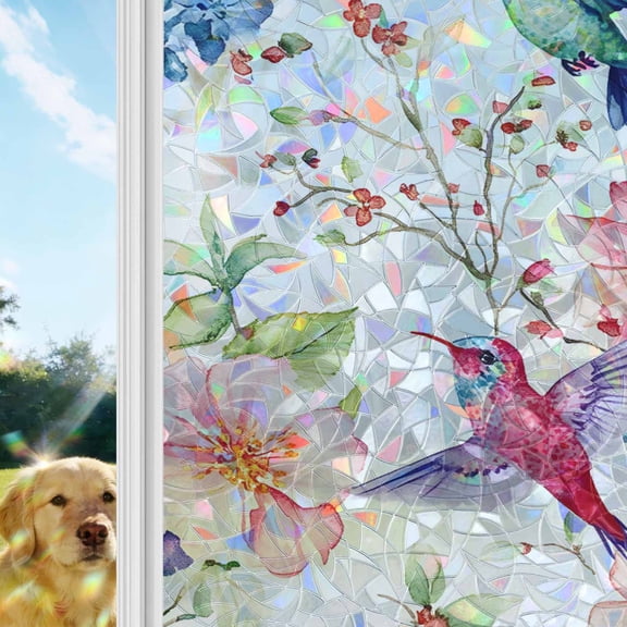 Colorful Hummingbird Window Privacy Film Stain Glass,Reusable Decorative Rainbow Window Film,Spring Pink Flowers Branch Static Cling Sun Blocking Stickers Decals Covers 23.6" x 59" (2pcs)