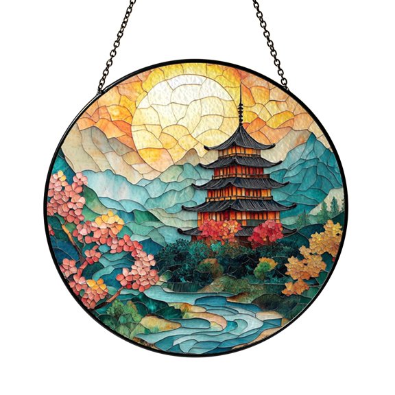 Pagoda Garden Stained Glass Suncatcher, Round Japanese Temple Window Panel with Cherry Blossoms and River, Zen Decor