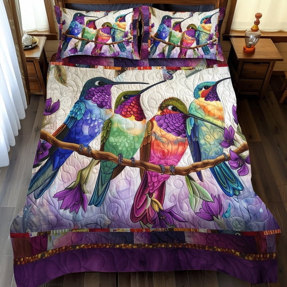Colorful Hummingbirds 3-Piece Quilted Bedding Set