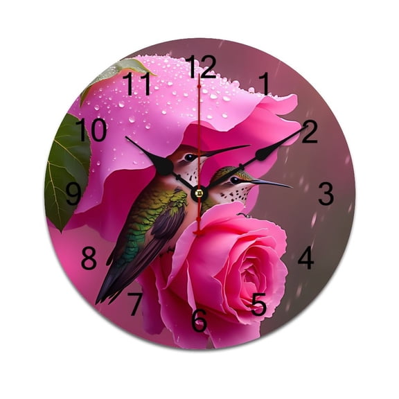 Colorful Hummingbirds Flowers Printed Silent Wall Clock Round Kitchen Clock Chic Quiet Desk Clock For Living Room
