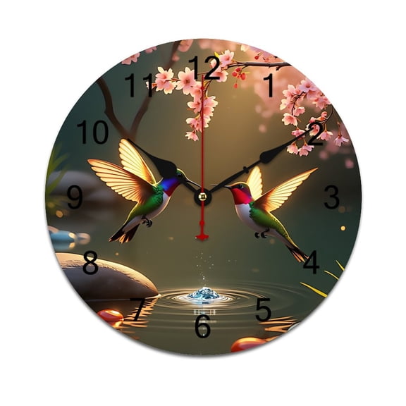 Colorful Hummingbirds Flowers Printed Silent Wall Clock Round Kitchen Clock Chic Quiet Desk Clock For Living Room
