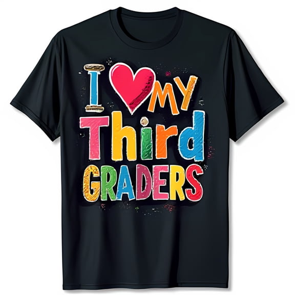 Colorful I Love My Third Graders Black T-Shirt with Fun Heart Design
