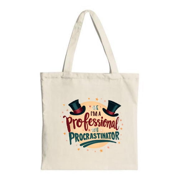 Colorful " I'm a professional procrastinator " tote bag with playful fonts stars and black top hats with red brims Perfect for shopping