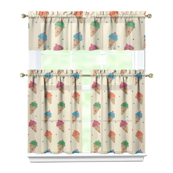Colorful Ice Cream Dessert Kitchen Curtains Set Tier and Valance, Sweet Treats Summer Food Pattern Window Drapes, Light Filtering Curtains for Kitchen, Cafe or Playful Dining Space Decor