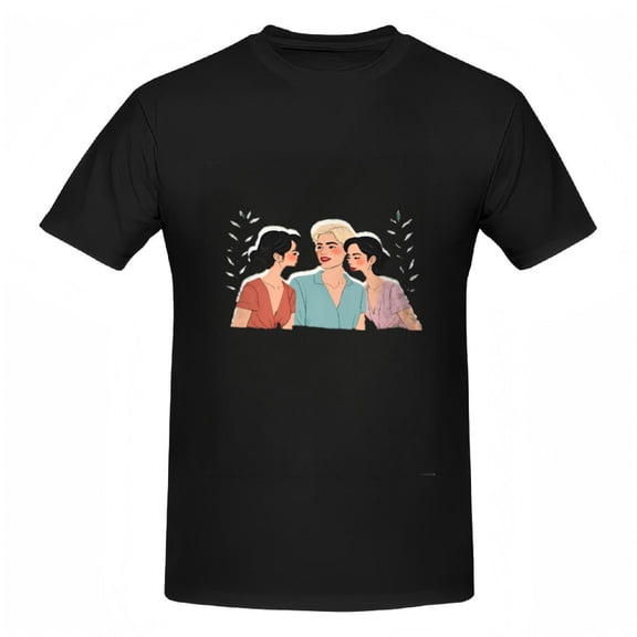 Colorful Illustration Cotton Short Sleeve T-Shirt for Women - Three Friends Design with Stylized White Leaves Background