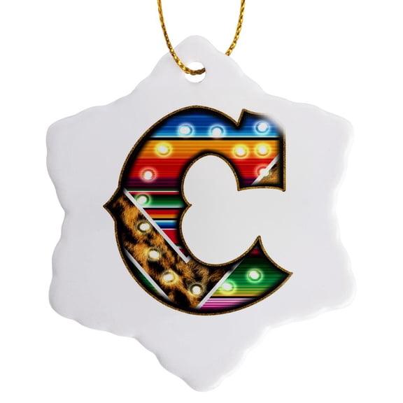 3drose, Colorful Image of Marquee Lights Monogram C, 3 inch Snowflake Porcelain Ornament
