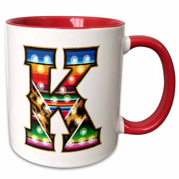 3drose, Colorful Image of Marquee Lights Monogram K, 11oz Two-tone Red Mug