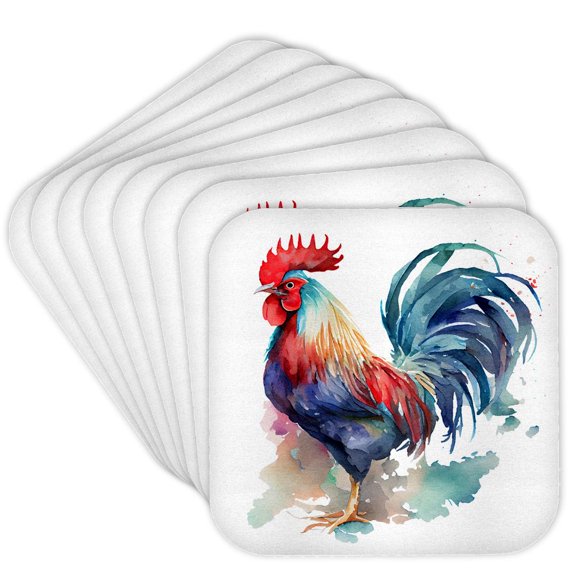 3drose, Colorful Image of Watercolor Rooster Illustration, Set of 8 Coasters - Soft