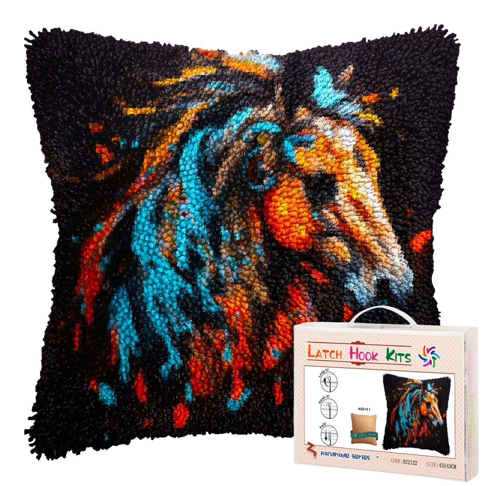 Colorful Indian War Horse DIY Latch Hook Pillow Kits for Adults Printed Pillowcase Crochet Yarns Hooking Handmade Pillow Cover Cushion for Home Sofa Decoration 17x17inch(1)