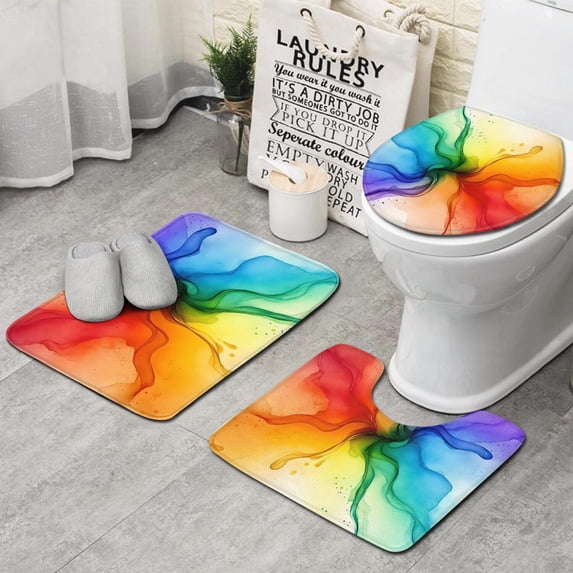 Colorful Ink Pattern Bathroom Rugs Sets 3 Piece,Toilet Cover Set,Absorbent Non Slip Bathroom Mats Sets with U-Shaped Contour Rug Toilet Rug Set