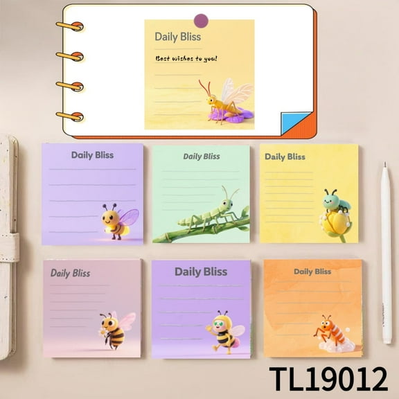 Colorful Insect - Pattern Sticky Notes (3.543.54 inches) 100-pack with105 Emoticon Stickers, Quickly Jotting Down Reminders, Leaving Temporary Messages, Easy To Write on, Great for Project Planning