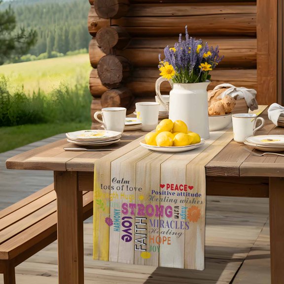 Colorful Inspiration Quotes Love Heart Design Table Runner 13x36in Non-Slip Cotton Linen Table Runners, Wood Plank Dresser Scarves TableRunner for Dinner Kitchen Dining Wedding Party