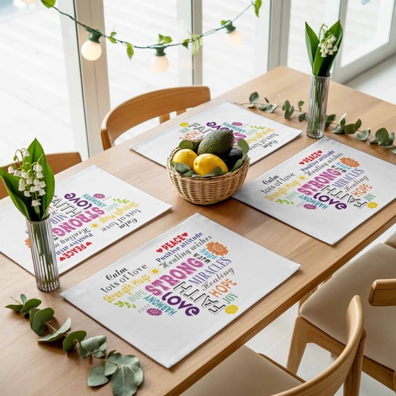 Colorful Inspirational Quotes with Love Heart Placemats Set of 4,Wipeable Washable Table Mats for Dining Tables, White Place Mats for Kitchen Event Party Tabletop Decor